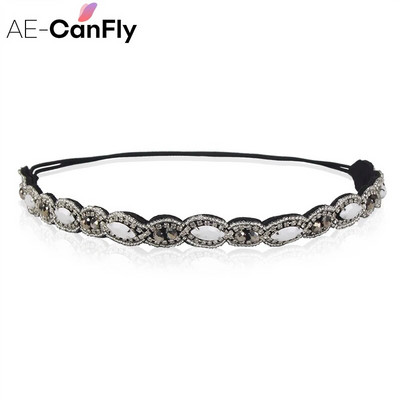 AE-CANFLY Vintage Μαύρες Γυαλιστερές Κρυστάλλινες Χάντρες Elastic Headband Γυναικεία αξεσουάρ μαλλιών 1H5004