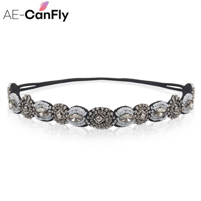 AE-CANFLY Vintage Μαύρες Γυαλιστερές Κρυστάλλινες Χάντρες Elastic Headband Γυναικεία αξεσουάρ μαλλιών 1H5004
