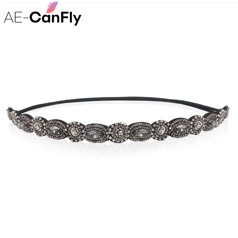 AE-CANFLY Vintage Μαύρες Γυαλιστερές Κρυστάλλινες Χάντρες Elastic Headband Γυναικεία αξεσουάρ μαλλιών 1H5004