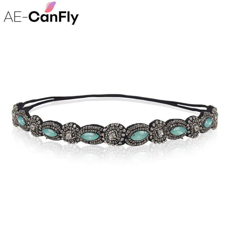 AE-CANFLY Vintage Μαύρες Γυαλιστερές Κρυστάλλινες Χάντρες Elastic Headband Γυναικεία αξεσουάρ μαλλιών 1H5004