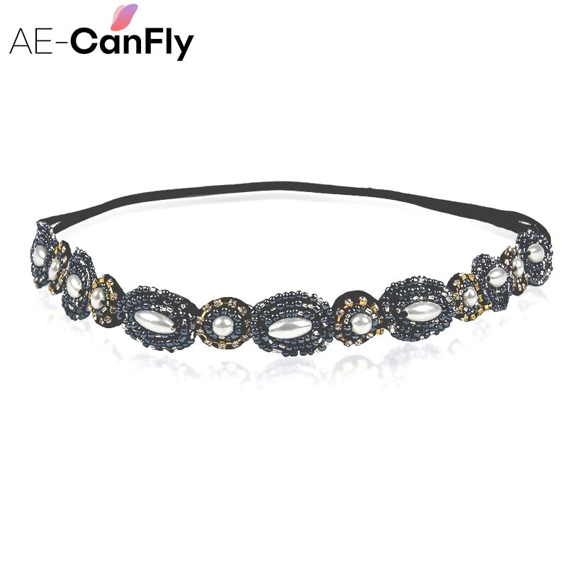 AE-CANFLY Vintage Μαύρες Γυαλιστερές Κρυστάλλινες Χάντρες Elastic Headband Γυναικεία αξεσουάρ μαλλιών 1H5004