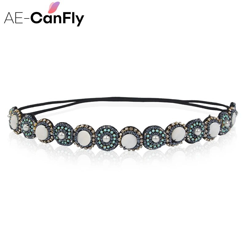 AE-CANFLY Vintage Μαύρες Γυαλιστερές Κρυστάλλινες Χάντρες Elastic Headband Γυναικεία αξεσουάρ μαλλιών 1H5004