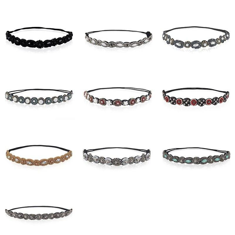 AE-CANFLY Vintage Μαύρες Γυαλιστερές Κρυστάλλινες Χάντρες Elastic Headband Γυναικεία αξεσουάρ μαλλιών 1H5004