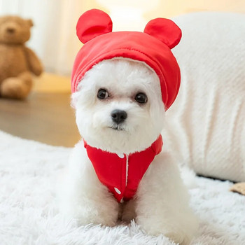 Червена качулка за домашни любимци Зимни удебелени топли дрехи за кучета Модно палто за кученца Памучно облекло на шнауцер с каишка