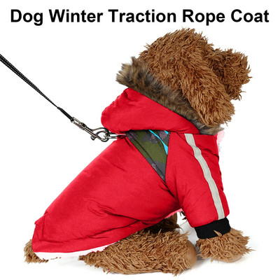Jachetă caldă pentru câini Haine pentru animale de companie Jachetă cu glugă impermeabilă, caldă de iarnă, îmbrăcăminte din bumbac de pluș îngroșat, lesă de tracțiune, haine pentru animale de companie