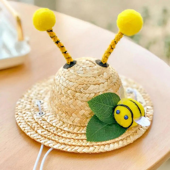 Шапка за домашен любимец Удобна полезна шапка за декорация на калинка пчели 2 размера сламена шапка за кучета Плетена сламена шапка за кучета за открито