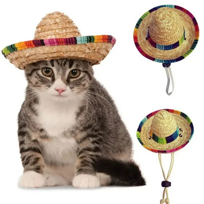 Sombrero Pet Straw Hat Pet Ornaments Colorful Pet Straw Hat Dog Cat Мексикански сламен костюм Аксесоари за кучета conejos accesorios