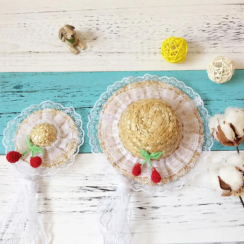 Lahe kutsikamüts Päikesekaitse pits, volangidega ääris Armas õlgkübarad lemmikloomade pildistamise mütsid suvekoertele Mütsid Aksessuaarid Dekoratsioon