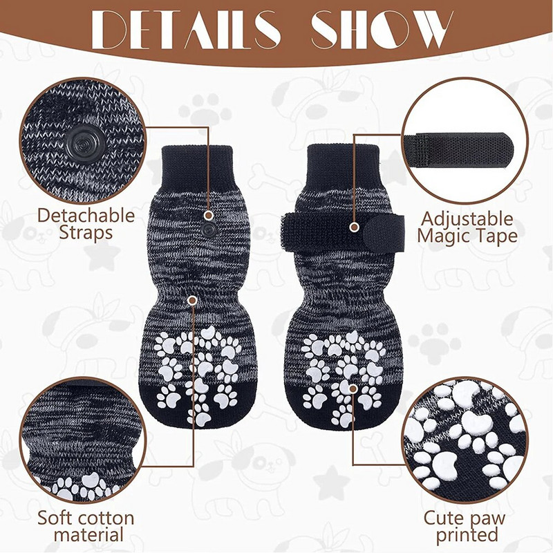 4 vnt. neslystančios naminių šunų kačių kojinės šunų letenų apsauga, traukos kontrolė, skirta dėvėti patalpose, megztos šunų kojinės su guminiu sutvirtinimu