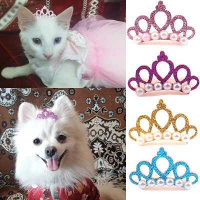 Малки кучета Изкуствена перлена корона във формата на корона Лъкове Щипки за коса Лък Сладка украса за глава за домашни любимци Щипки за коса Grooming Cat Bow Pet Accessoires