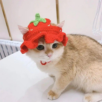 Плетена шапка за домашни любимци Котешка вълнена ръчно плетена анимационна ягодова червена шапка с дупки за уши Сладко коте Куче Шапка за домашни любимци Cosplay аксесоари