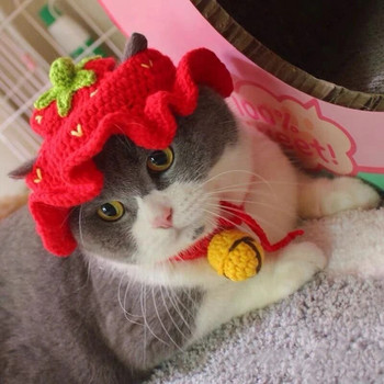 Πλεκτό καπέλο για κατοικίδια μαλλί Γάτα Χειροποίητο πλεκτό κόκκινο καπέλο φράουλα με τρύπες αυτιών Χαριτωμένο γατάκι Σκύλος κεφαλής Αξεσουάρ Pet Cosplay