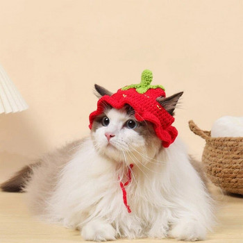 Πλεκτό καπέλο για κατοικίδια μαλλί Γάτα Χειροποίητο πλεκτό κόκκινο καπέλο φράουλα με τρύπες αυτιών Χαριτωμένο γατάκι Σκύλος κεφαλής Αξεσουάρ Pet Cosplay