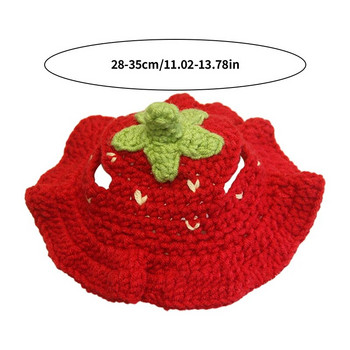 Плетена шапка за домашни любимци Котешка вълнена ръчно плетена анимационна ягодова червена шапка с дупки за уши Сладко коте Куче Шапка за домашни любимци Cosplay аксесоари