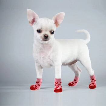 4 бр./компл. Сладки топли обувки за кучета, котки, противоплъзгащи се плетени чорапи, розови домашни любимци, кученца, котета, обувки за малки, средни кучета, котки, чихуахуа, перрос