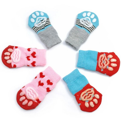 4 τεμ./παρτίδα Παπούτσια για σκύλους Lovely Warm Dog Socks Βαμβακερές αντιολισθητικές πλεκτές κάλτσες για κουτάβι γάτα για φθινοπωρινά χειμερινά ρούχα για κατοικίδια