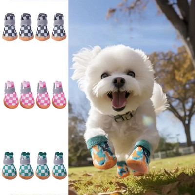 4pcs/set Anti-skid Breathable Pet Dog Shoes Soft Breathable Puppy Mesh Shoes Wear-resistant Sandwich Mesh Hollow Dog Boots