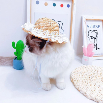 Ανοιξιάτικο και Καλοκαίρι Λουλούδι Καπέλο Γάτα Σκιά ηλίου Ψάθινο καπέλο Ρούχα για κατοικίδια Αξεσουάρ για κουτάβι Μικρά καπέλα σκύλου Καπέλα για σκύλους γάτες
