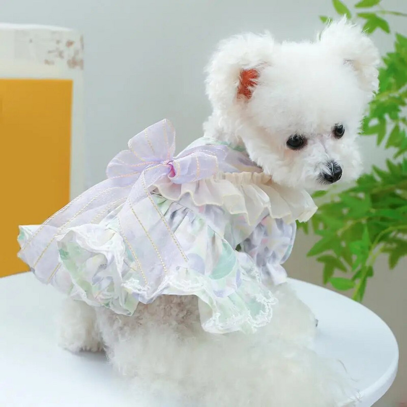 Rochie prințesă de câine de vară cu funde elegantă decor Rochie umflată și respirabilă pentru animale de companie pentru uzură zilnică, fotografie, călătorii în aer liber