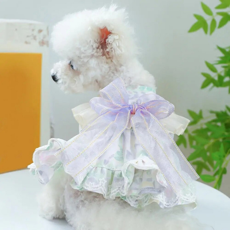 Rochie prințesă de câine de vară cu funde elegantă decor Rochie umflată și respirabilă pentru animale de companie pentru uzură zilnică, fotografie, călătorii în aer liber