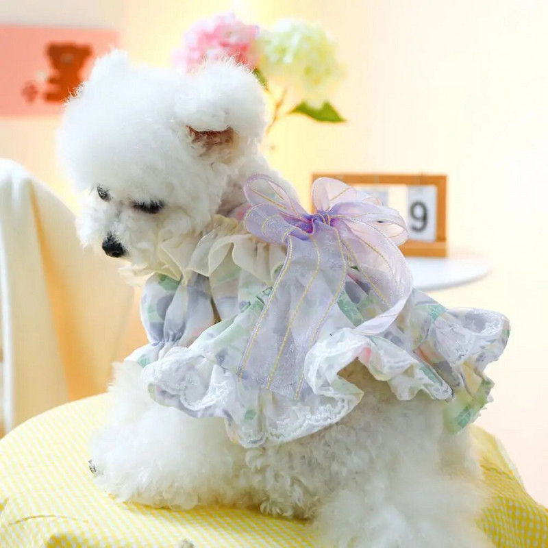 Rochie prințesă de câine de vară cu funde elegantă decor Rochie umflată și respirabilă pentru animale de companie pentru uzură zilnică, fotografie, călătorii în aer liber