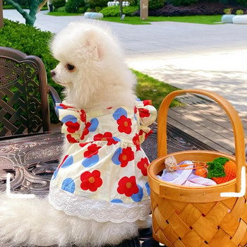 Φόρεμα κατοικίδιων ζώων Εκτύπωση με λουλουδάτο ιπτάμενο μανίκι βολάν άκρη Καλοκαιρινό μικρό σκυλί Princess Cosplay Στολή Φανταχτερό δαντέλα Χριστούγεννα για την άνοιξη