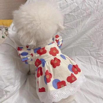 Φόρεμα κατοικίδιων ζώων Εκτύπωση με λουλουδάτο ιπτάμενο μανίκι βολάν άκρη Καλοκαιρινό μικρό σκυλί Princess Cosplay Στολή Φανταχτερό δαντέλα Χριστούγεννα για την άνοιξη