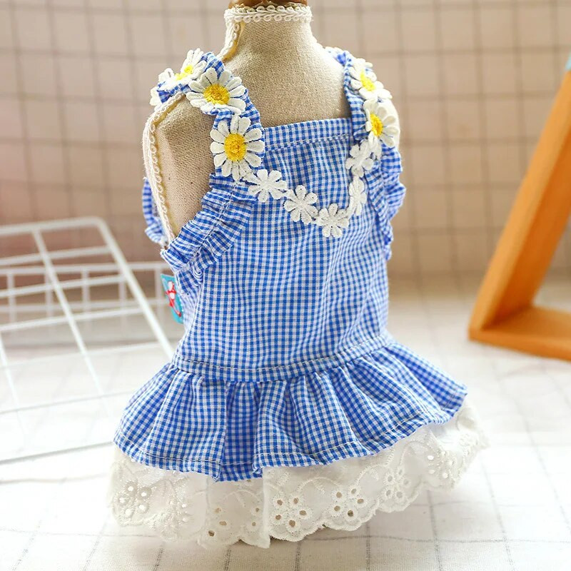 Μπλε καρό φόρεμα για σκύλους, ντεκόρ μαργαρίτας, ζαρτιέρες, γιλέκο για γάτες, ρούχα για κουτάβια, πουκάμισο για σκύλους, μικρά σκυλιά, τσιουάουα, L, καλοκαίρι