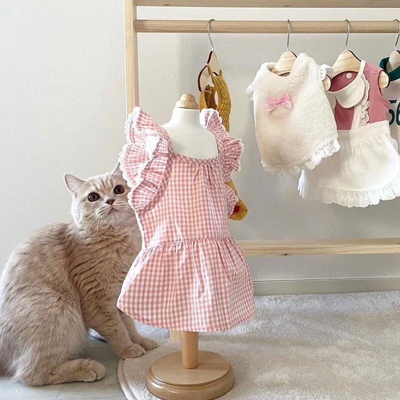 Mājdzīvnieku vasaras mežģīņu kleita Jauka rūtaina suņu kleita Rozā rozā princeses kleita kucēnam Mīksta kamzola kucēna kāzu kleita XS-XL
