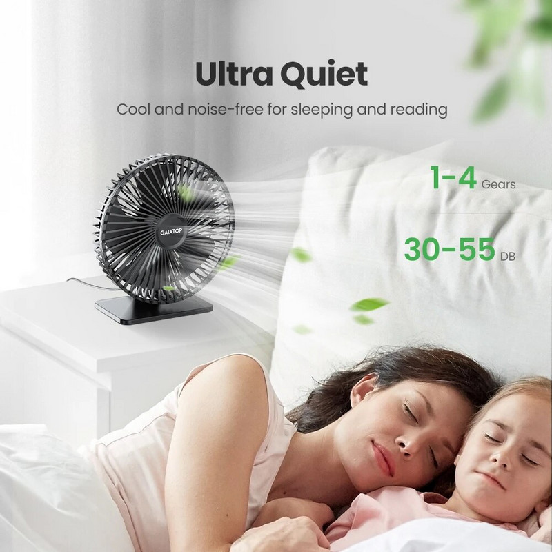 GAIATOP USB lauaventilaator 90° pöörlemise reguleerimisega kaasaskantav jahutusventilaator 4 kiirusega ülivaiksed võimsad mini lauaventilaatorid kodukontori jaoks