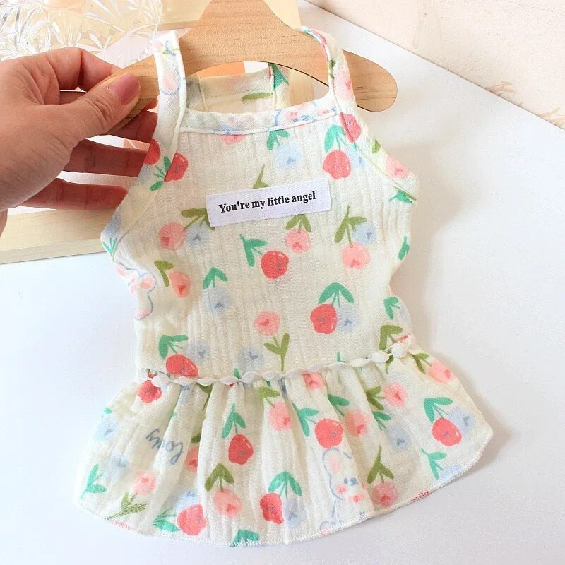 Bumbac INS Cireș Fusta cățeluș Haine pentru câini Rochii pomeranian pentru câini de talie mică Fusta cu bretele florale de vară Îmbrăcăminte pentru cățeluși