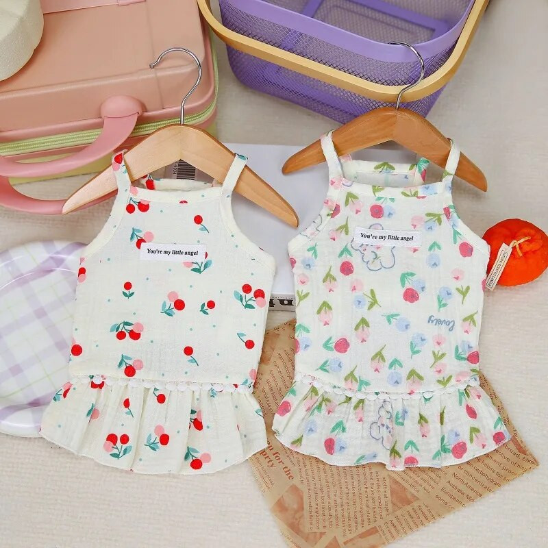 Bumbac INS Cireș Fusta cățeluș Haine pentru câini Rochii pomeranian pentru câini de talie mică Fusta cu bretele florale de vară Îmbrăcăminte pentru cățeluși