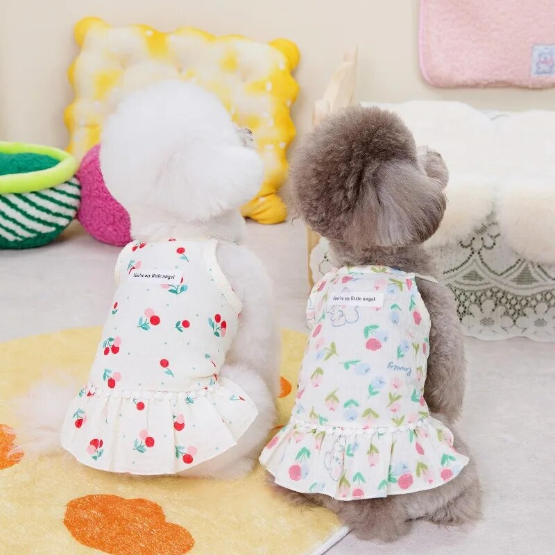 Bumbac INS Cireș Fusta cățeluș Haine pentru câini Rochii pomeranian pentru câini de talie mică Fusta cu bretele florale de vară Îmbrăcăminte pentru cățeluși