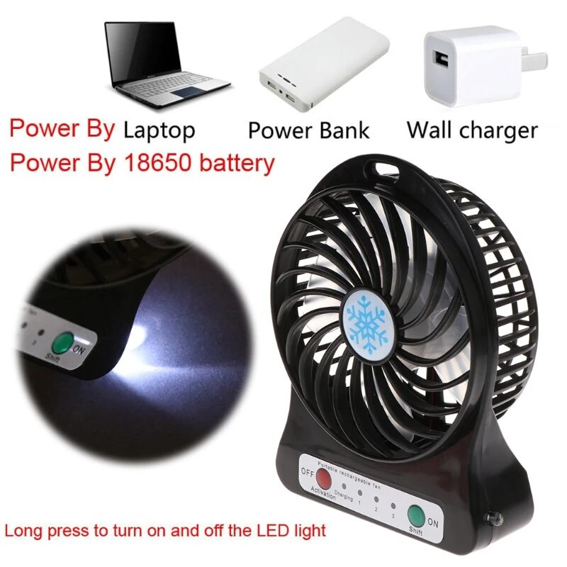 Pārnēsājams āra LED gaismas ventilators Gaisa dzesētājs Mini galda USB ventilators ar 18650 Akumulatora barošana ar Powerbank USB lādētāja datora USB portu
