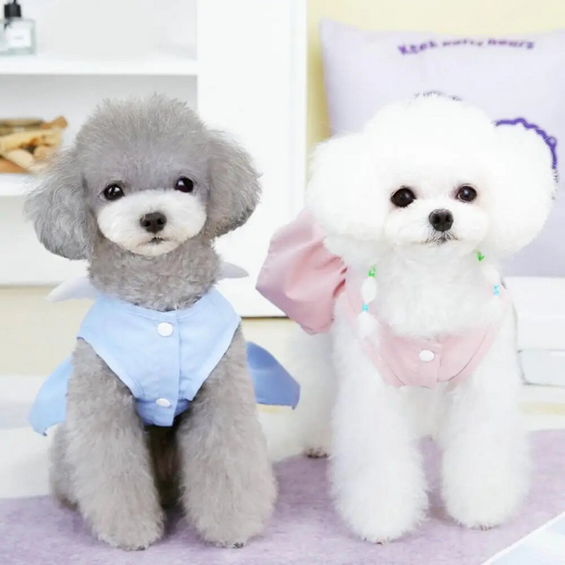 Skaista vasaras suņu kleita, mīksta tekstūra, eņģeļu spārni, mājdzīvnieku kucēnu suņu kleita, pogas aizdare Kokvilnas mājdzīvnieku kleita mājdzīvnieku piederumi