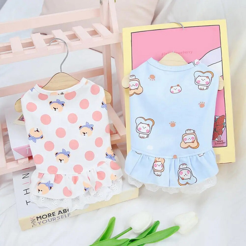 Suņu kleita, mežģīnes, volānveida apakšmala, mīksta, ērta kokvilnas karikatūras raksts, mājdzīvnieka suņa veste kleita kucēnam bez piedurknēm