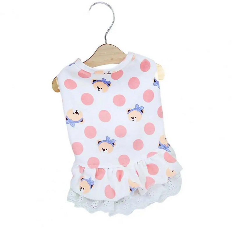 Suņu kleita, mežģīnes, volānveida apakšmala, mīksta, ērta kokvilnas karikatūras raksts, mājdzīvnieka suņa veste kleita kucēnam bez piedurknēm