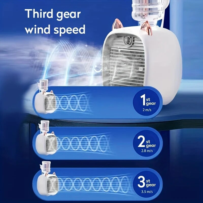 Pārnēsājams mini gaisa kondicionieris, 3 ātrumu miglošanas ventilators, USB uzlādējams dzesēšanas ventilators mājām, birojam un guļamistabai