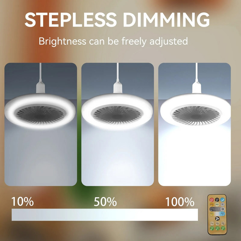 Išmanusis „trys viename“ lubų ventiliatorius su nuotolinio valdymo pultu ir 3 greičių E27 AC85-265V apšvietimo baze, skirta miegamojo ir svetainės apšvietimui