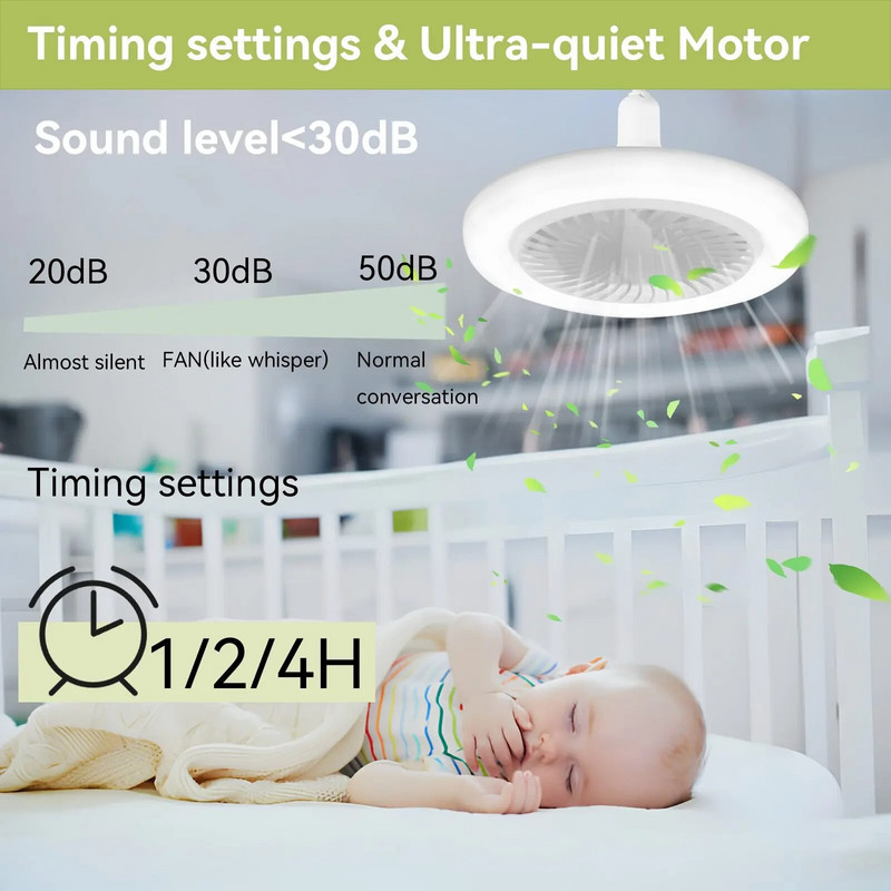 Išmanusis „trys viename“ lubų ventiliatorius su nuotolinio valdymo pultu ir 3 greičių E27 AC85-265V apšvietimo baze, skirta miegamojo ir svetainės apšvietimui