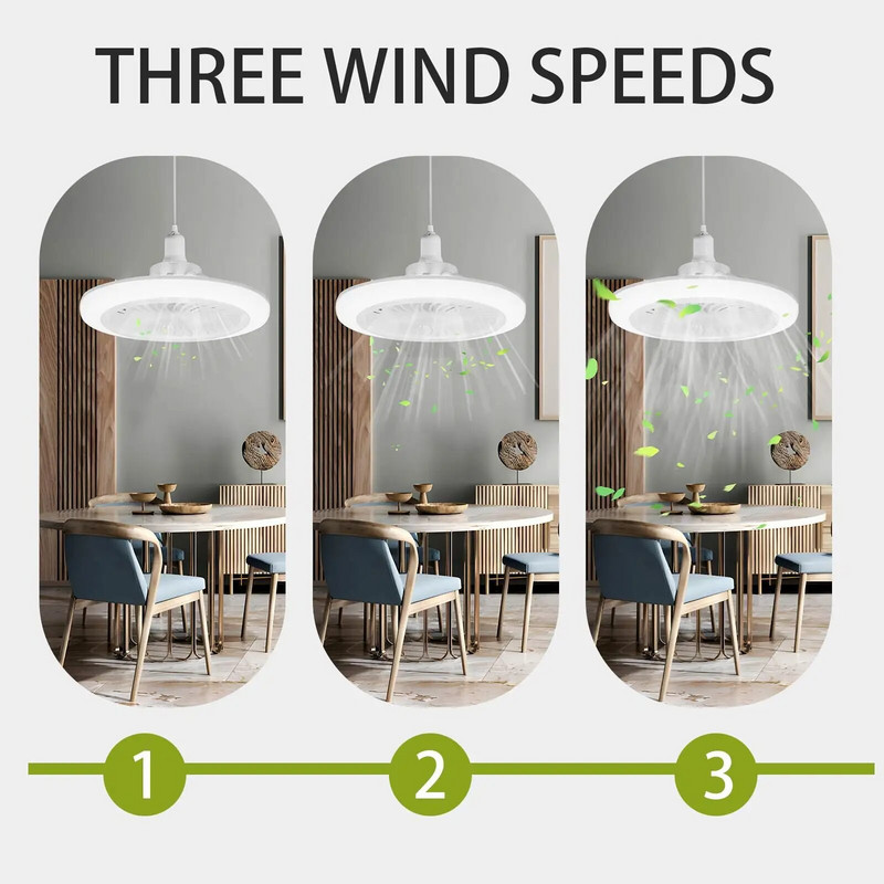 Išmanusis „trys viename“ lubų ventiliatorius su nuotolinio valdymo pultu ir 3 greičių E27 AC85-265V apšvietimo baze, skirta miegamojo ir svetainės apšvietimui