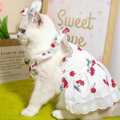 1 szett kisállat ruha kutya cseresznye mintás macska ruha fejfedővel Stílusos fodros ujjú nyári kutyaruházat kisállatkellékek 강아지옷