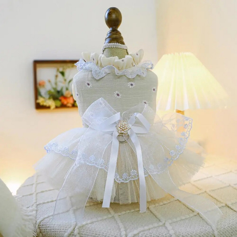 Χαριτωμένο δαντελένιο φόρεμα για σκύλους καλοκαιρινά ρούχα για κατοικίδια Γοητευτικό φιόγκο Διακοσμημένο φόρεμα σκυλιών Πριγκίπισσα φόρεμα γάτας με δαχτυλίδι πρόσφυσης ropa para perros