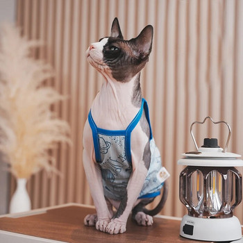 Облекло за котка сфинкс Синя памучна жилетка сфинкс Мека риза без ръкави Котенца Палто Дишащо меко облекло Devon Rex Доставчик на котки