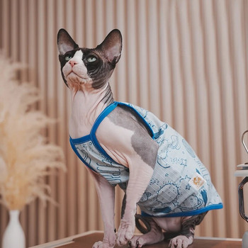 Облекло за котка сфинкс Синя памучна жилетка сфинкс Мека риза без ръкави Котенца Палто Дишащо меко облекло Devon Rex Доставчик на котки