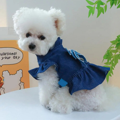Pet Dress with Bowknot Decoration Charming Pet Dress with Ruffle Sleeves Stylish Denim Pet Dress with Bowknot for Dogs for Small