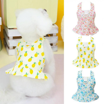 1Pc Thin Pet Dress with Traction Ring Flower Print Dog Princess Dress Wide Shoulder Strap Ruffled Hem Spring Summer Puppy Dress