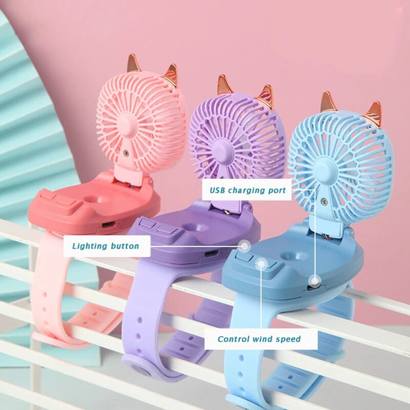 Cartton Cat Design hordozható csuklópántos mini óra kézi ventilátor USB töltés kis újratölthető ventilátorok színes LED lámpákkal