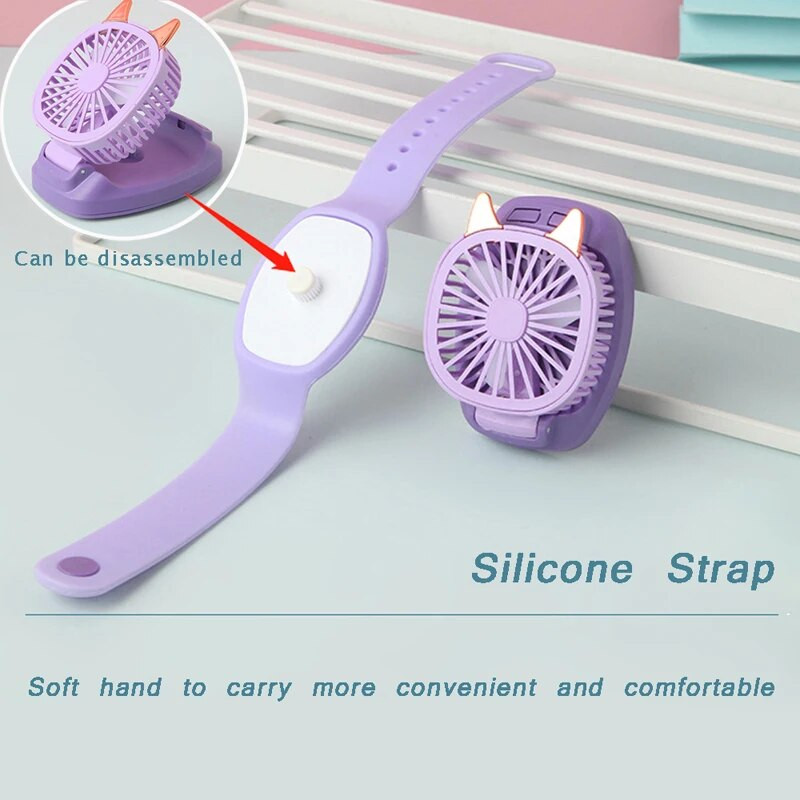 Cartton Cat Design hordozható csuklópántos mini óra kézi ventilátor USB töltés kis újratölthető ventilátorok színes LED lámpákkal