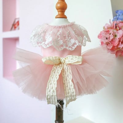Lace Bow Tie Cat Dress for Small Dogs Princess Pink Veil Tutu Skirt Puppy Summer Clothes Birthday Wedding Female Pet Clothing